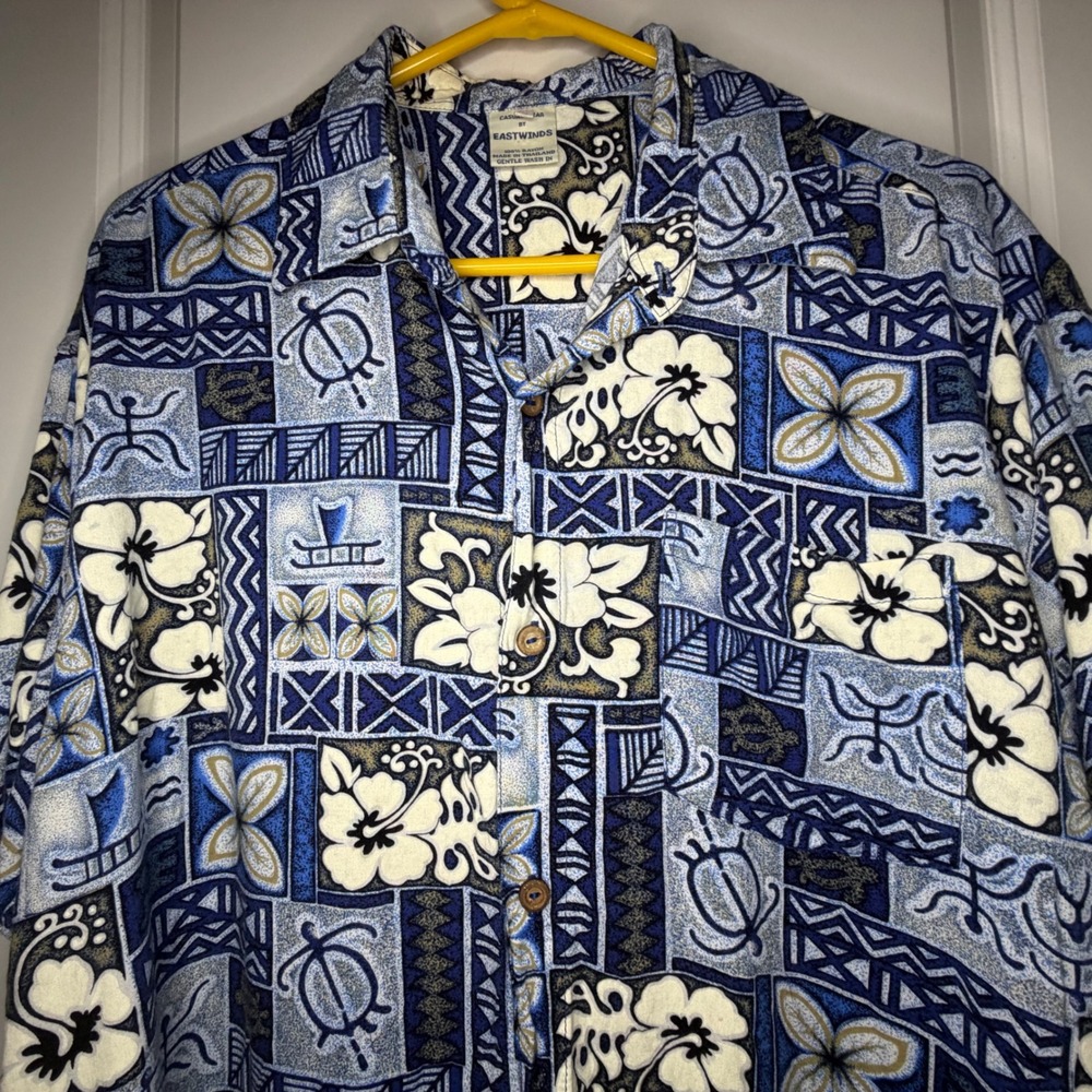 Eastwinds Mens XL Blue Tropical Hibiscus Turtle Print Rayon Hawaiian Shirt